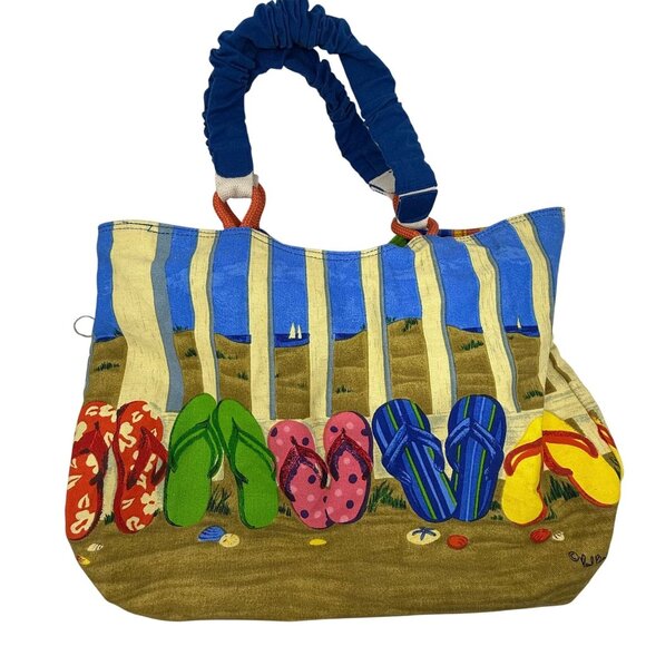 Paul Brent Colorful Beach Tote Bag Flip-Flop Print Canvas Zippered Summer Vibes - Picture 1 of 9